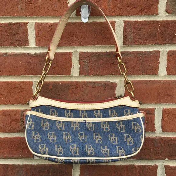 VTG Dooney & Bourke Small Signature Denim & Leather Banana Bag Y2K - Picture 2 of 13